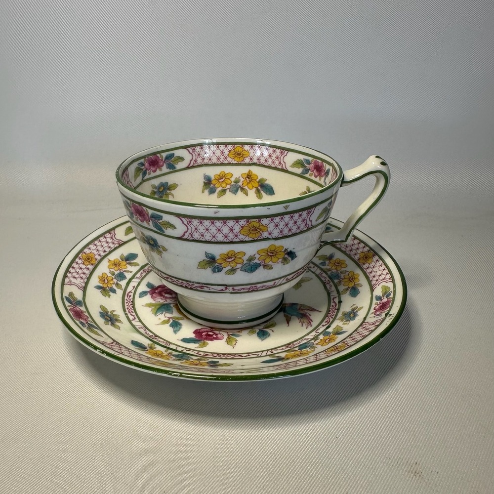 Crown Staffordshire Trellis Floral Teacup and Saucer Set Fine Bone China England